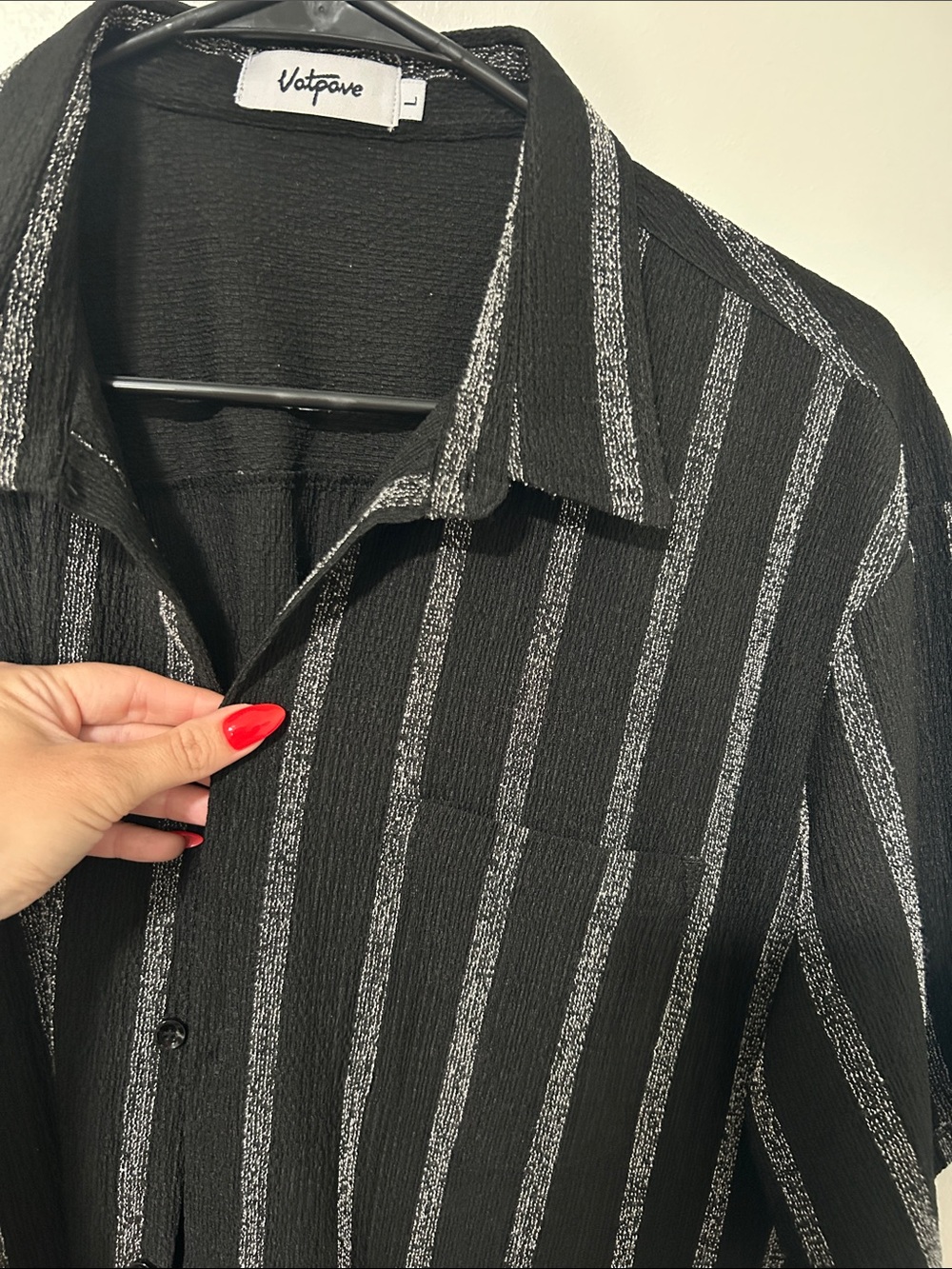 Black Short-Sleeve Button-Down Shirt with Silver Stripes - Picture 2 of 5